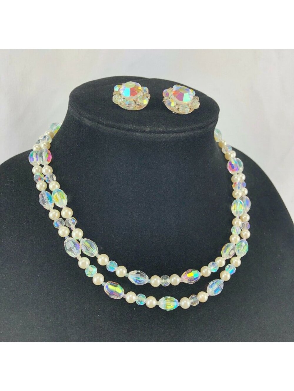 Vintage Double Strand Iridescent 16" - 17.5" Necklace with Clip Earrings Set